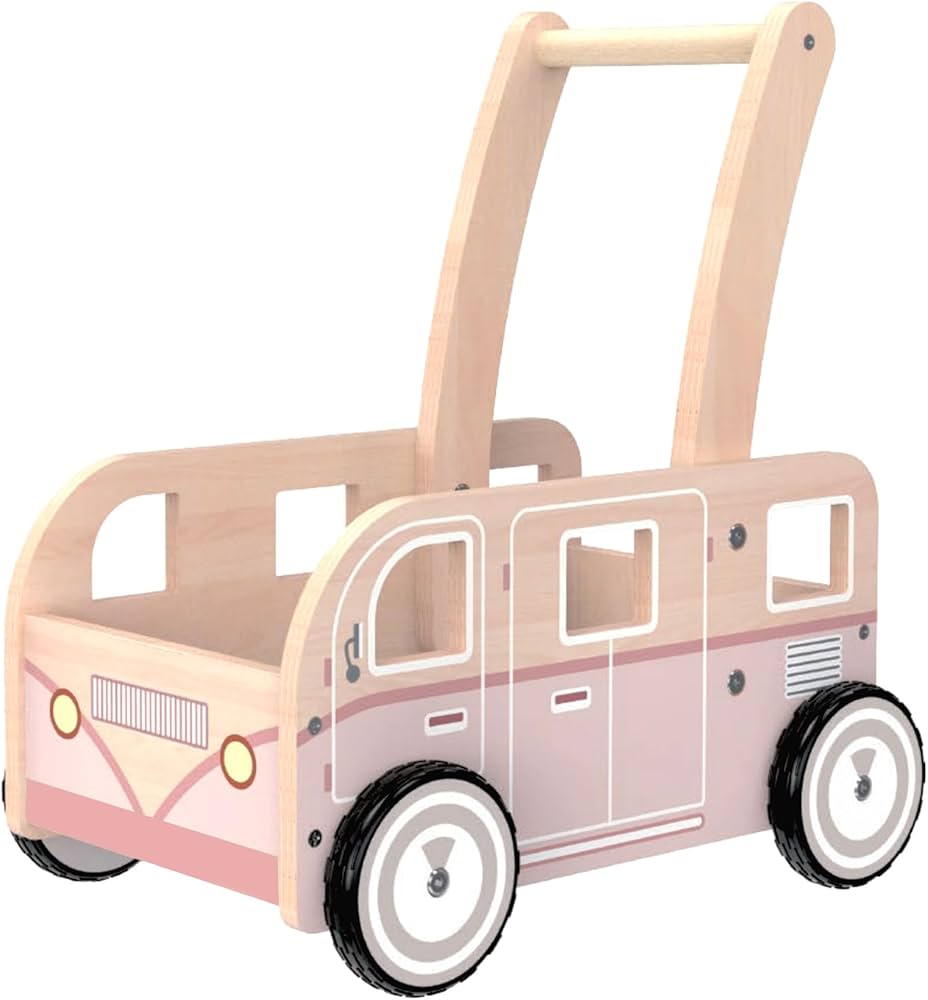 Push Walker Bus-Wooden Baby Walker for Boys and Girls, Stand & Learn Push Walker for Toddlers 1-3 Years Old Pink