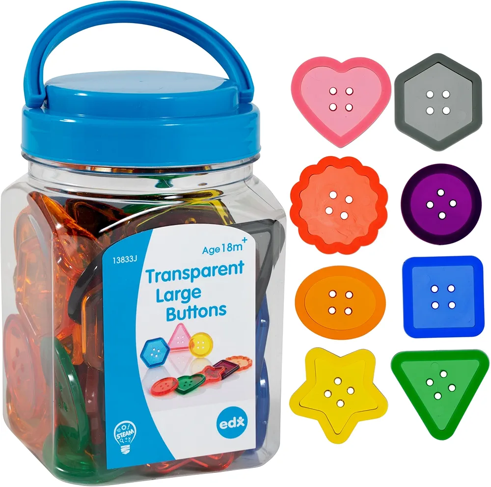 Edx Education Transparent Large Buttons - Mini Jar Set of 60 - Light Box Accessory - Sensory and Fine Motor Skill Development - Math Manipulative - For Ages 18M+