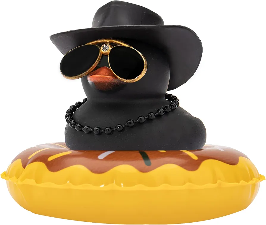 wonuu Rubber Duck Car Decorations Cute Car Accessories Dashboard Car Ornament with Cowboy Hat Swim Ring Colour Necklace and Sunglasses(A_Black Diamond Cowboy hat)