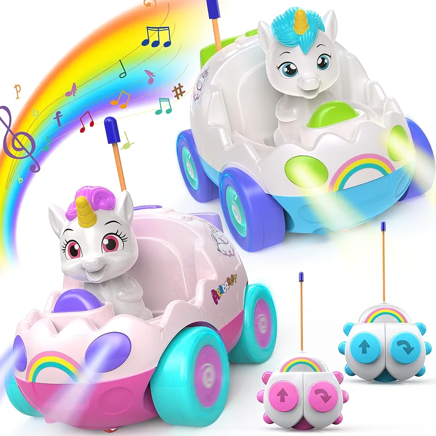 Remote Control Car for Toddlers, Toddler Toys for 18+Months RC Cars with LED Lights & Music, Unicorn Toys for Kids 2 3 4 5 Years Old, Birthday Gifts Toys for 3+ Year Old Girls Boys Toys-2 Pack