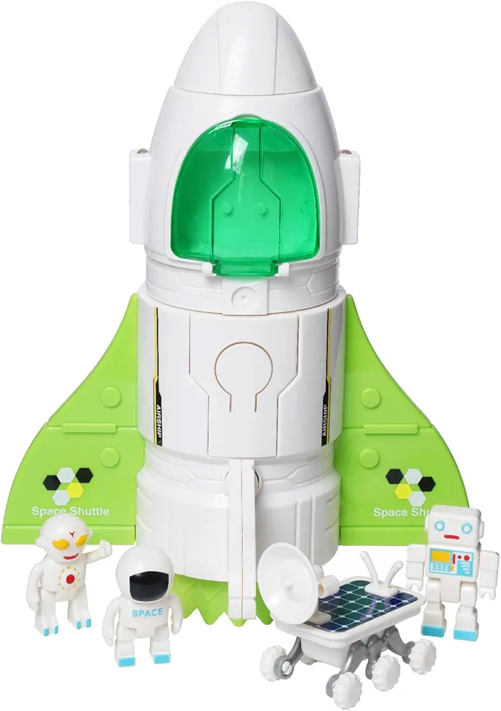 Spaceship Toy for Boys Girls, Space Shuttle Toys with Lights&Sound, 3 Astronauts Figure, Openable Cockpit, Spray Exhaust, Astro Venture Space Playset with Lunar car (Green)