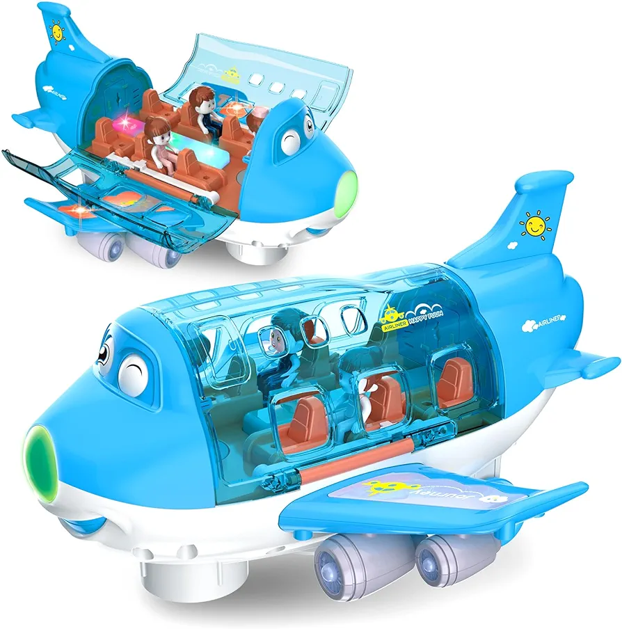 Airplane Toys for Toddlers, Plane Toys for 2 3 4 5 Year Old Boys Girls Birthday, Infant Toy Bump and Go Action Air Plane with LED Flashing Lights & Sounds (Blue)