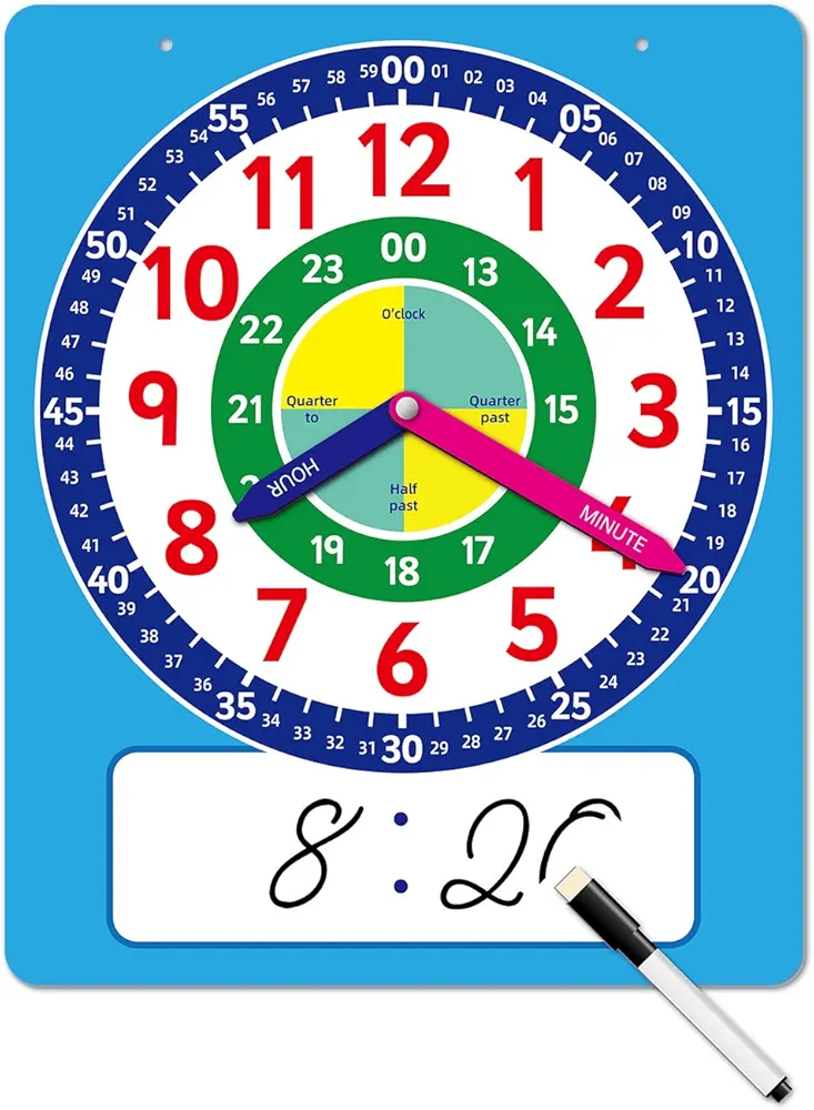 Telling Time Write & Wipe Teaching Demonstration Clock Learning Clock for Analog and Digital Time Labelled Minute & Hour Hands Kids Montessori Learning Toys