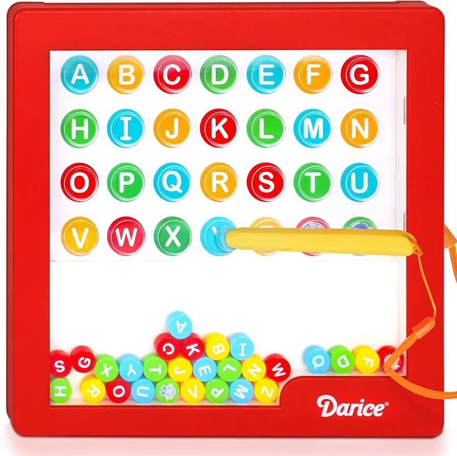 Darice Magnetic Drawing Board with Letters Set for Kids - ABC Magnetic Dot Board with Magnetic Pen, Beads and Activity Cards - Educational Learning Toy - Airplane Car Travel Essentials for Kids