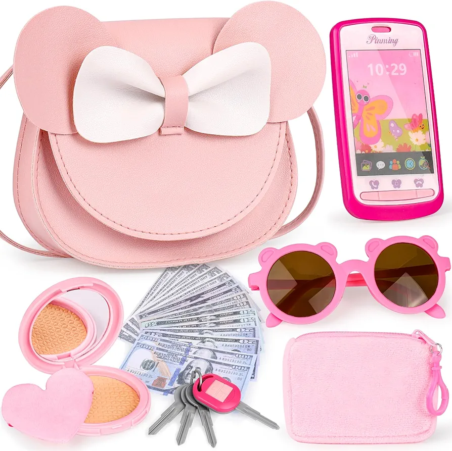 Play Purse for Little Girls, 23PCS Toddler Purse with Pretend Makeup for kids, Princess Toys includes Crossbody Bag, Phone, Wallet, Keys, Kids Toy Purse Birthday Gift Toys for Girls 3 4 5 6+