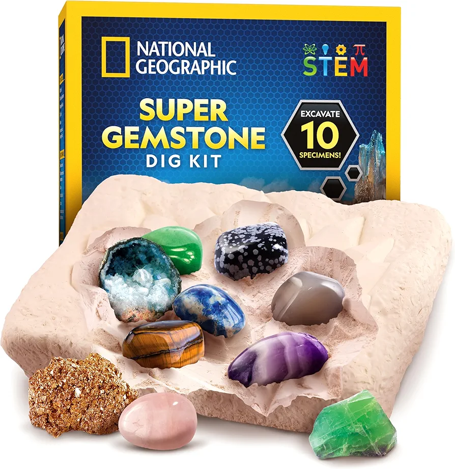 NATIONAL GEOGRAPHIC Gemstone Dig Kit – Dig Up 10 Real Gemstones and Crystals, Science Kit for Kids, Gem Digging Kit, Gift for Girls and Boys, Mining Kit, Rock Collection