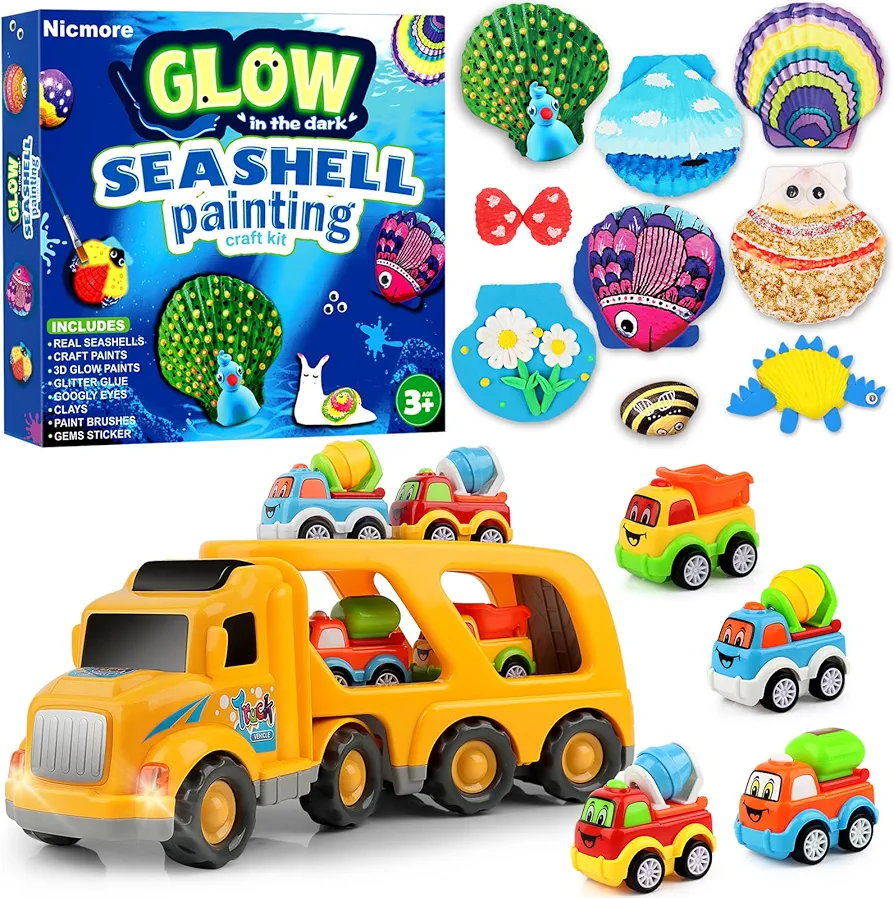 Construction Truck Toddler Toys Car: Toys for 2 3 4 Year Old Boy Bundle with Sea Shell Art & Crafts for Age 4-8 Painting Kit