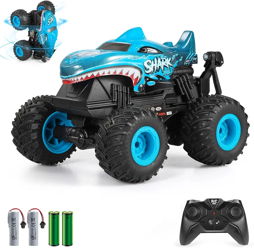 Remote Control Car, 2.4Ghz All Terrain Shark Monster Truck Toys, RC Truck with Music, 3 Lighting Effects, 360 Stunt Capable, All Included Ready to Run, Toy Gifts for Boys and Girls (Blue)