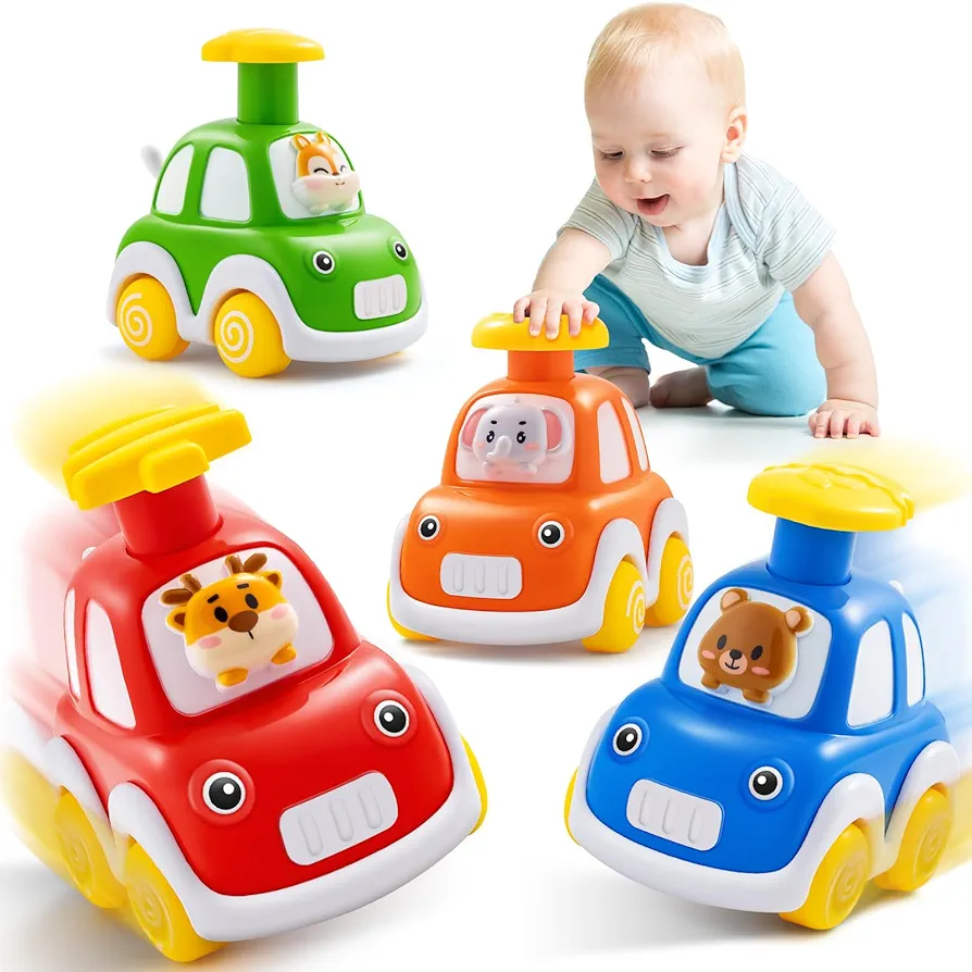 Press and Go Car Toys for Toddlers 1-3, 4 Pack Animal Baby Car Toys for 1 2 Year Old Boy, Push Go Friction Vehicle Toys for Infants 6-9-12-18 Months, One First Birthday Gifts for Boys Girls