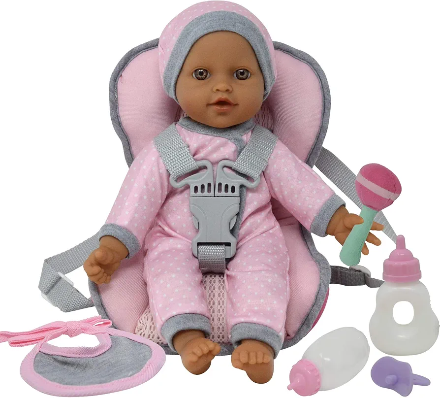 Doll Travel PlaySet - Baby Doll Car Seat Carrier Backpack with 12 Inch Soft Body Doll Includes Doll Bottles and Toy Accessories … (Hispanic)