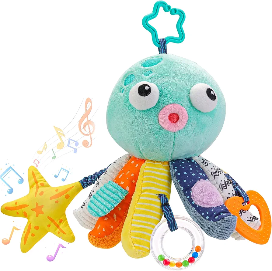 Baby Toys for 0 3 6 9 to 12 Months, Soft Hanging CarSeat Toys with Crinkle Rattles Teether, Infant Newborn Stroller Crib Toy Sensory Activity Music Plush Animal for Babies Boys Girls Gift, Octopus