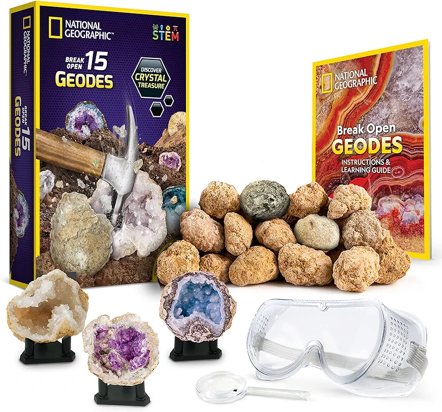 NATIONAL GEOGRAPHIC Break Open 15 Premium Geodes - with Goggles, Detailed Learning Guide, 3 Display Stands, Great STEM Science Toy & Educational Gift