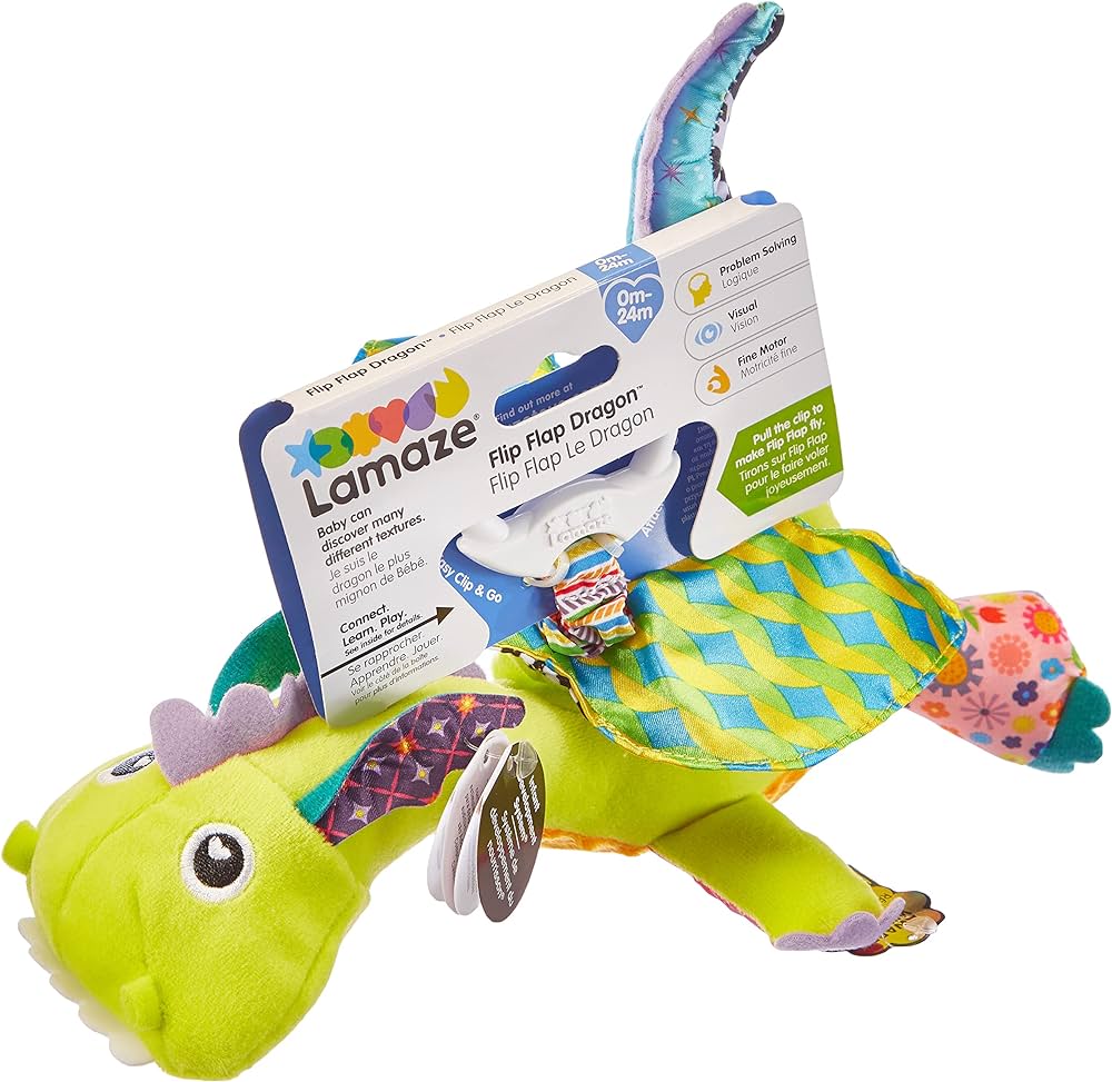 Lamaze Flip Flap Dragon Clip On Car Seat and Stroller Toy - Soft Baby Hanging Toys - Baby Crinkle Toys with High Contrast Colors - Baby Travel Toys Ages 0 Months and Up