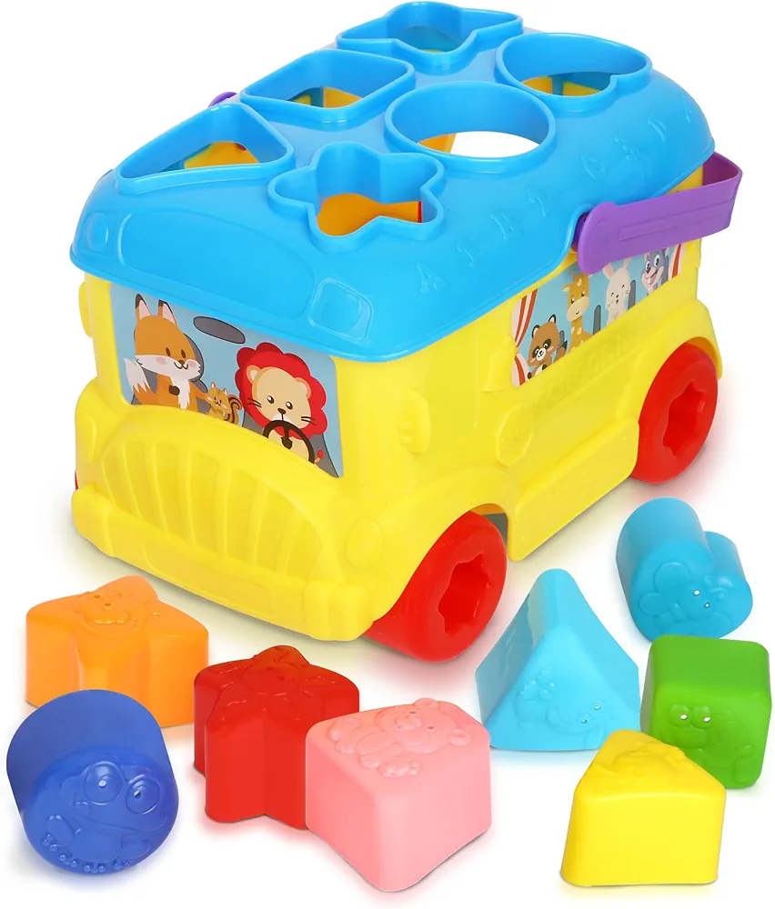 Bus Shape Sorter Toy - Kids Block Sorter with 16 Colorful Shapes - Sorting Toys for Toddlers 1-3 - Creative Play Learning Skills Development