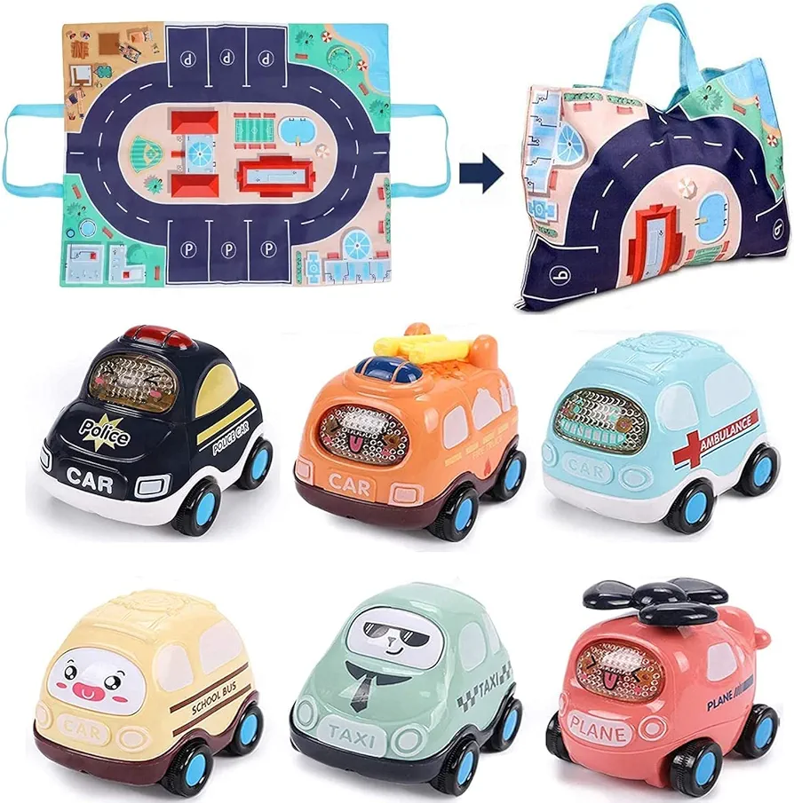 Baby Toy Cars for 1 2 3 Year Old Boy with Play Mat Storage Bag, Push and Go Car Toddler Toy Friction Powered Cars, Best Gift Toy for 1 2 3 4 5 Year Old Boys Girls