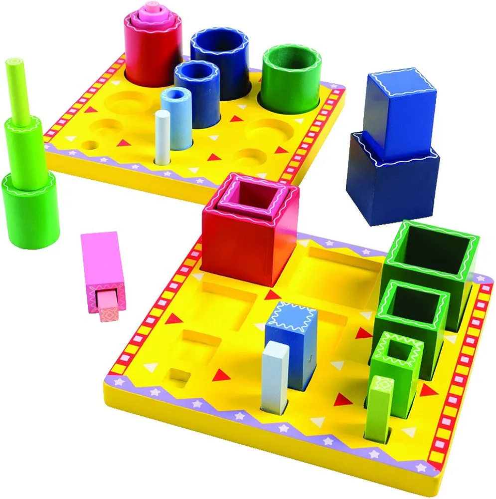 Constructive Playthings Wooden Tube Sorting Blocks to Explore Color and Size Gradation; Each Board is 8" sq. and Tallest Tube is 2 1/4" H. x 2 1/4" Diam. for Ages 3 Years and Up