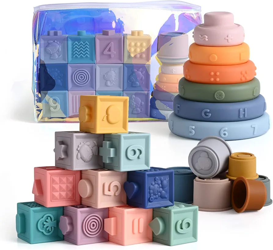 Montessori Toys for 1 Year Old, Baby Toys, 3 in 1 Sensory Toys Bundle, Baby Toys 6 to 12 Months, Baby Blocks, Stacking Cups and Rings Toy Great for Teething, Learning & Education Toys