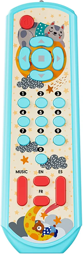 Musical TV Remote Control Toy with Light & Sound - Early Educational Toy with English Spanish and French 3 Language, Sensory Learning Toys for Infant, Toddler Boys & Girls(Blue)