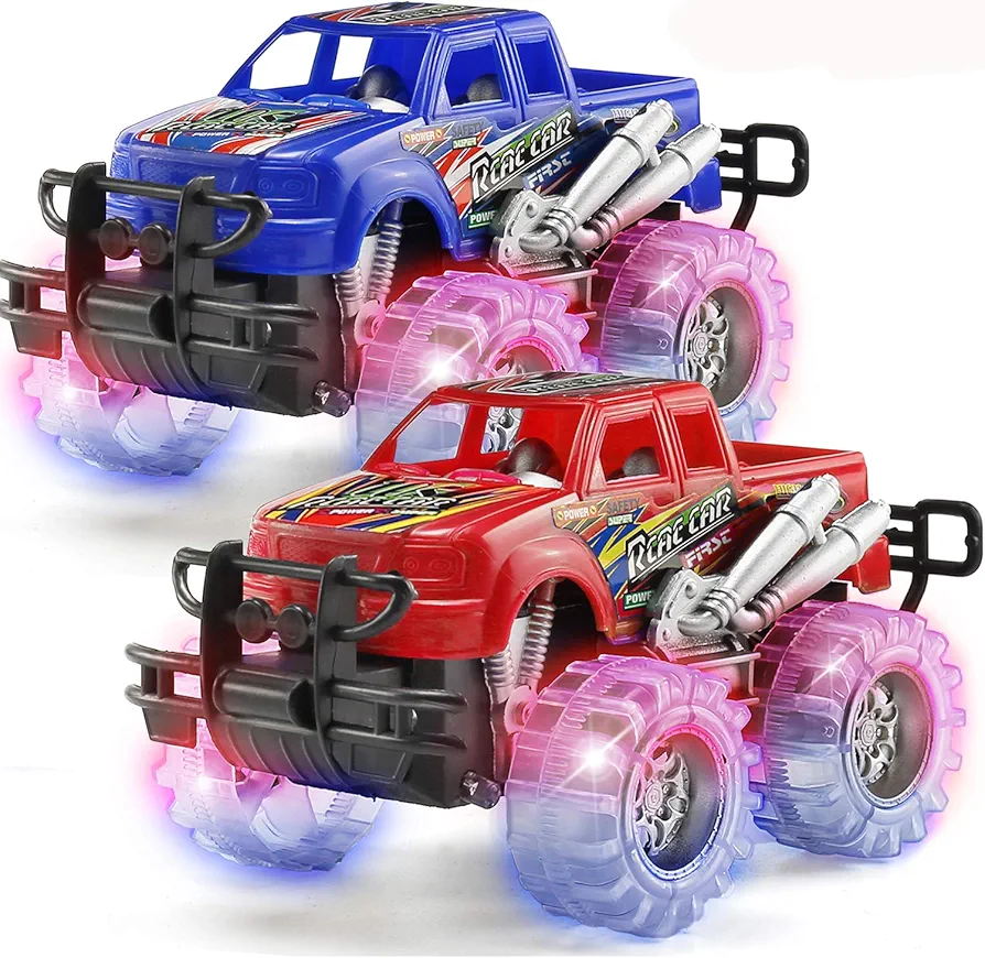 2 Pack Light Up Monster Truck Car Toy with Beautiful Flashing LED Tires, Best Birthday Gift for Boy Girl Ages 3+, Push n Go Cars, Friction Toy, Race Truck Car for Kid Party Favors and Daily Play