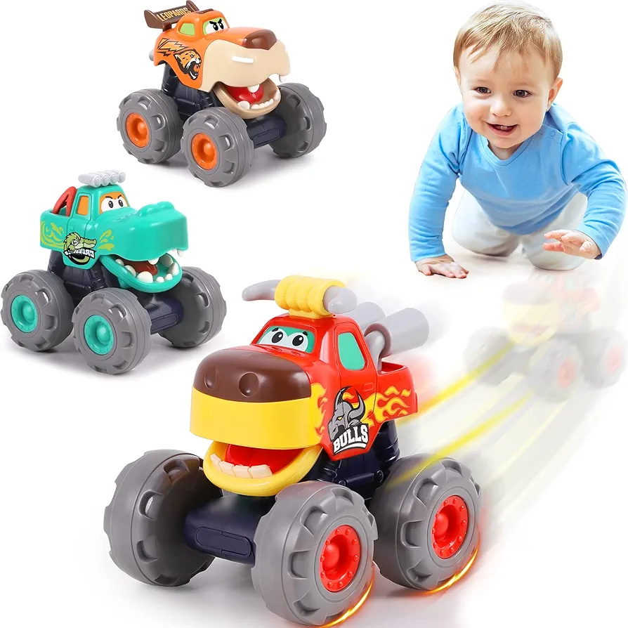 iPlay, iLearn Toddler Monster Truck Toys, Baby Cars for 1 2 3 Year Old Boy, BigWheels Play Vehicles, Pull Back, Friction Powered, Push Go Animal Car, Cool Birthday Gifts for 12 18 24 Month Kids Girls