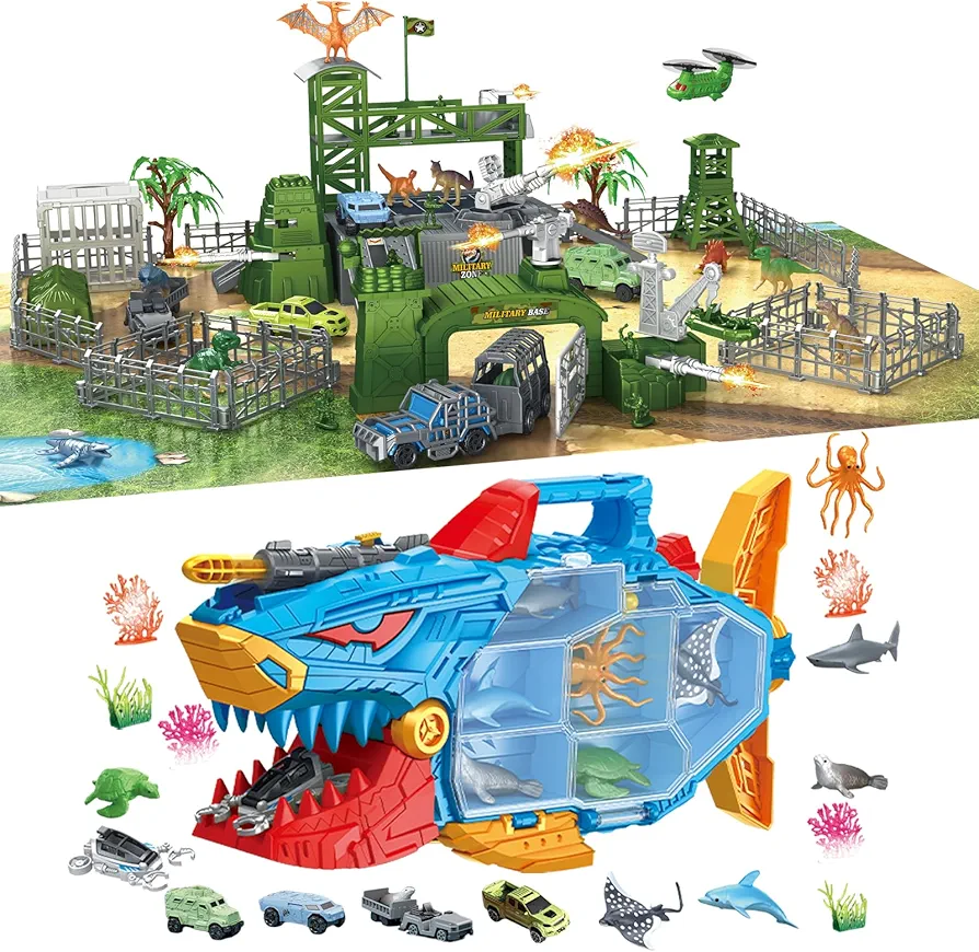 Army Men Toys and Dinosaur Toys, Ocean Sea Creatures Animals Toys with Truck Cars