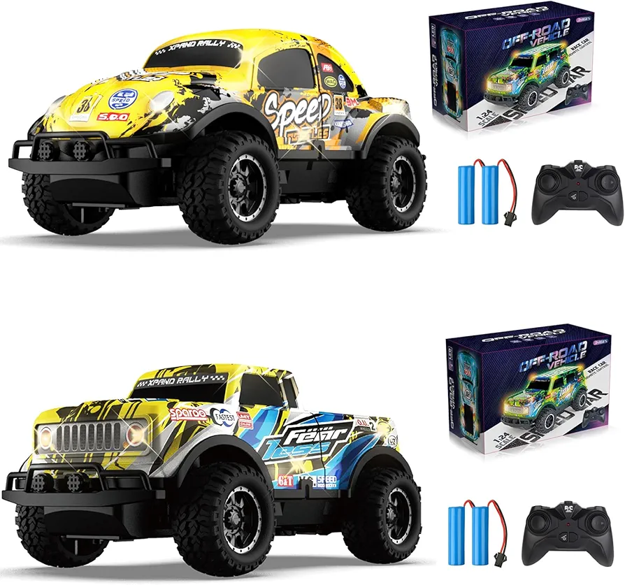 2PCS Remote Control Car, Light Up RC Car Toys, 2.4GHz 1:24 Scale 15KM/H Off-Road with Cool LED Lights Racing Rechargeable Toy Car for Christmas Birthday Kids Boys Girls for 4-7 8-12 Year Old