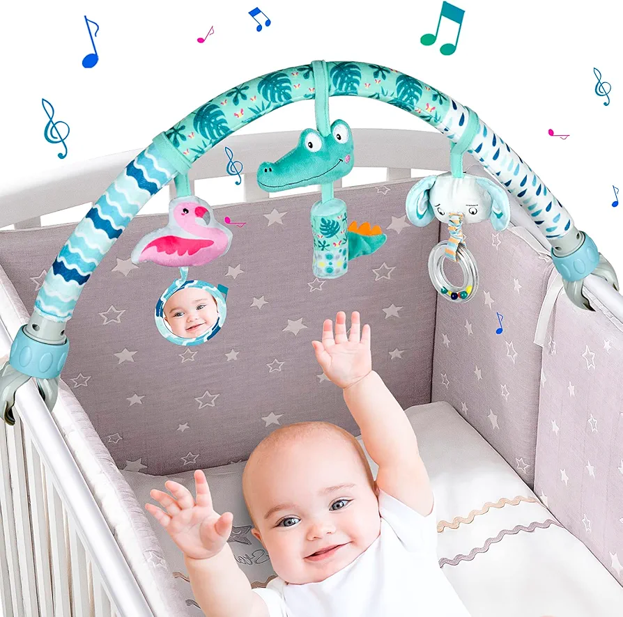 SAMMAS Baby Stroller Arch Toys, Mobile for Bassinet Crib, Detachable Activity Musical Animal Arch Toys with Rattles BB Squeaker Teether (Forest)