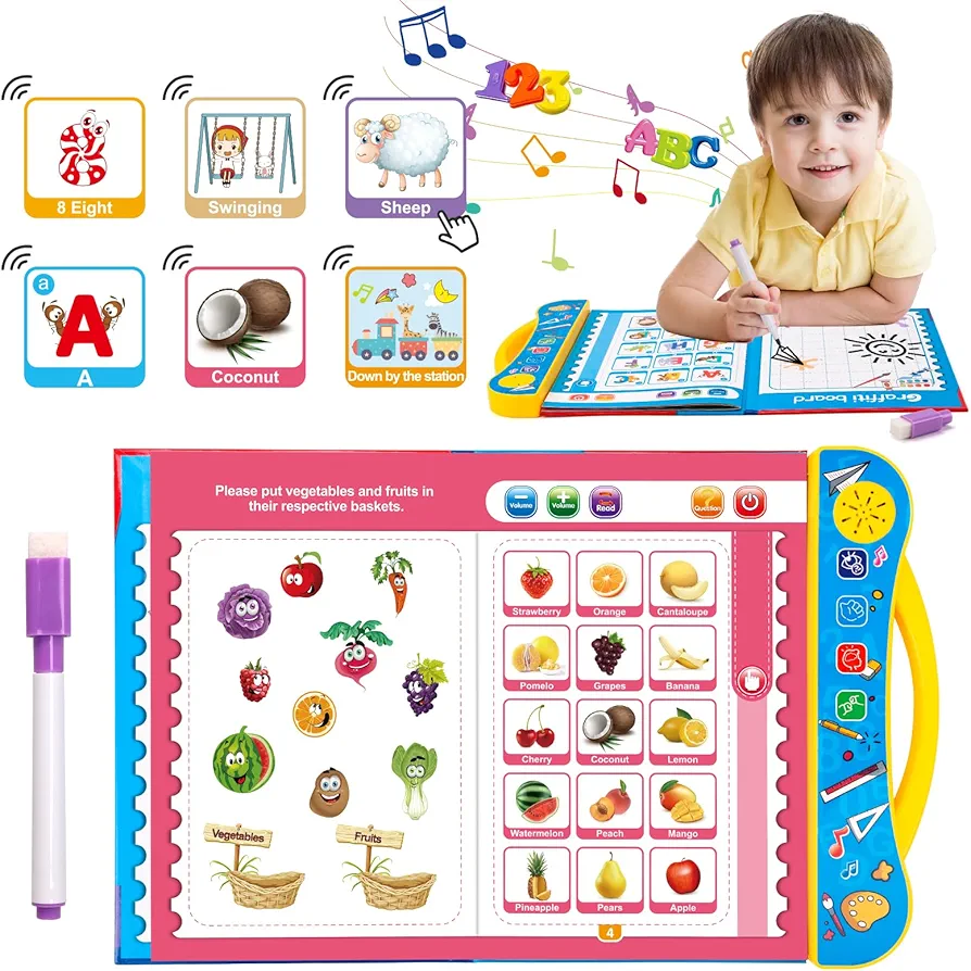 Qizebaby Kids ABC Sound Book, Interactive Electronic Learning Talking Books for Toddlers with Drawing Pen, Alphabet, Numbers, Animals, Music, Preschool Educational Toy for Boys Girls 2 3 4 5+ Year Old