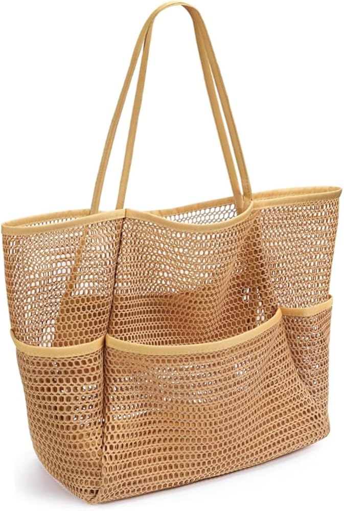 Large Beach Bag Women's Family, Beach Bags for Women, Shoulder Bag Women, Mesh Bag Beach with Zip Inner Pocket, Foldable Lightweight Mesh Beach Bag Basket, Shopper for Women 38 x 35 x 16 cm,