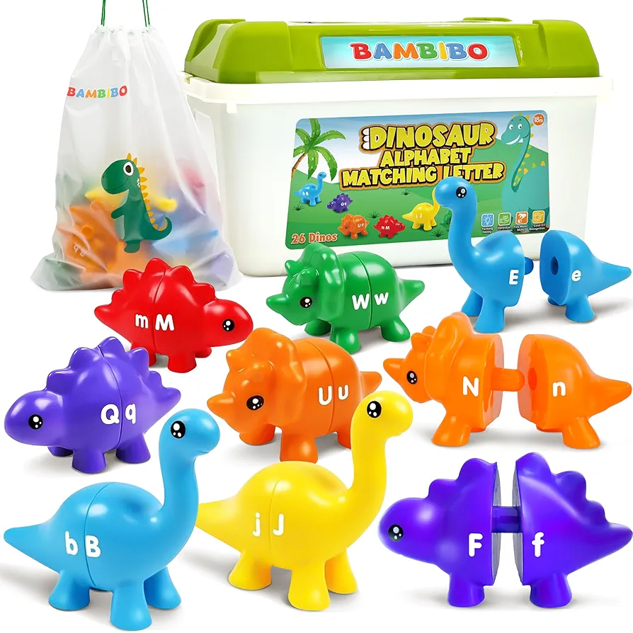 Dinosaur Alphabet Learning Toys - 52pcs in Storage Box | 26 Double Sided Dino Matching Toys | Matching Dinosaur Toys for Toddlers | Kindergarten Toys | Preschool Classroom Toddler Dinosaur Toy