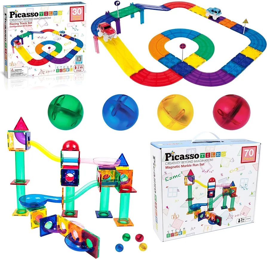 PicassoTiles 70PC Marble Run + 30PC Magnetic Race Car Track, Fun & Creative Playset: STEAM Learning, Enhance Construction Skills, Hand-Eye Coordination and Fine Motor Skills, Gift for Boys and Girls