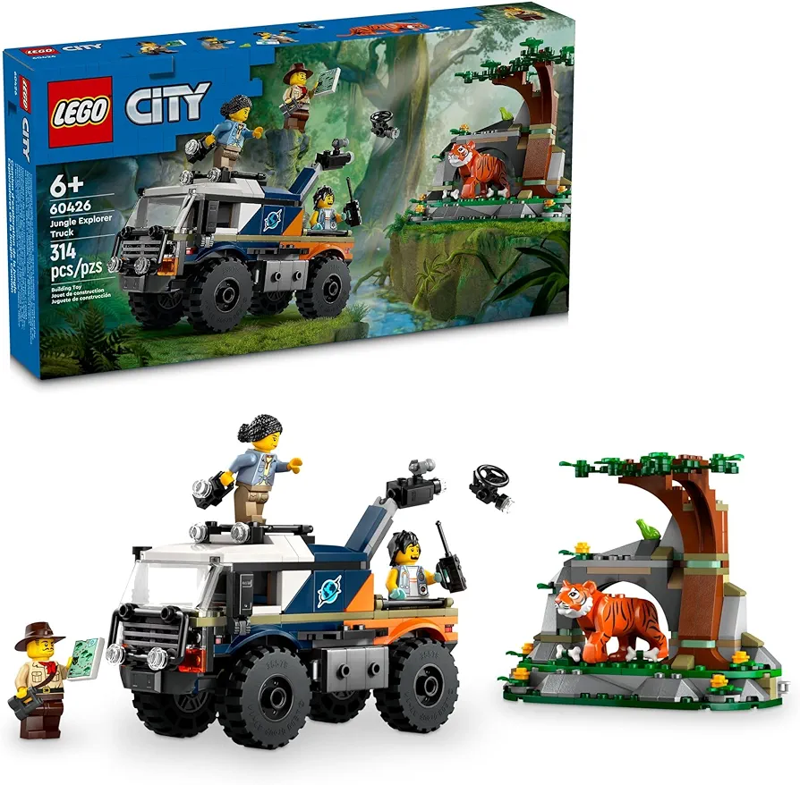 LEGO City Jungle Explorer Off-Road Truck, Jungle Toy Building Set for Kids Aged 6 and Up, Fun Birthday Gift Idea, Off-Road Toy Truck Vehicle, 3 Adventurer Minifigures, Tiger Figure and Car Toy, 60426