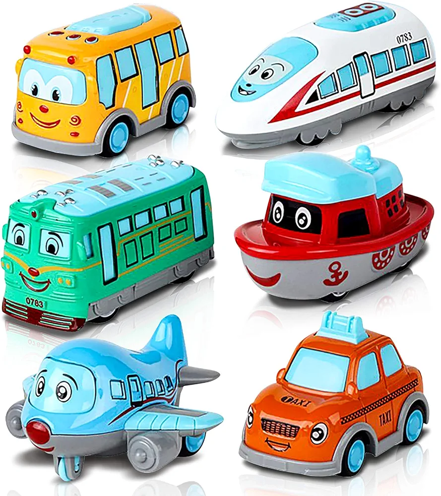 ArtCreativity Metal Cartoon Car Set - Set of 6 Mini Pullback Toy Cars - Pullback Train, Bus, Taxi, Tram, Plane and Ship - Party Favors, Best Birthday Gift for Boys, Girls, Toddlers