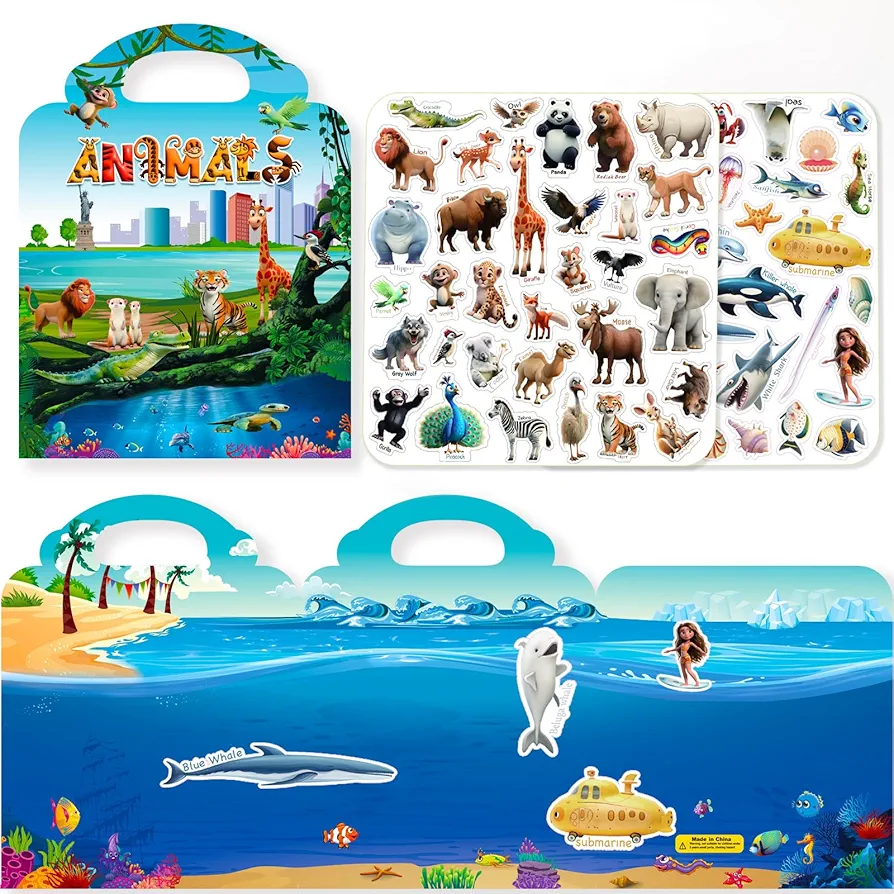 Reusable Sticker Books for Toddler 2-4 Years,67pcs Animals 3D Jelly Stickers Kids Activity Book for Boys Girls Road Trip Toddler Airplane Train Travel Car Game Essentials Toy