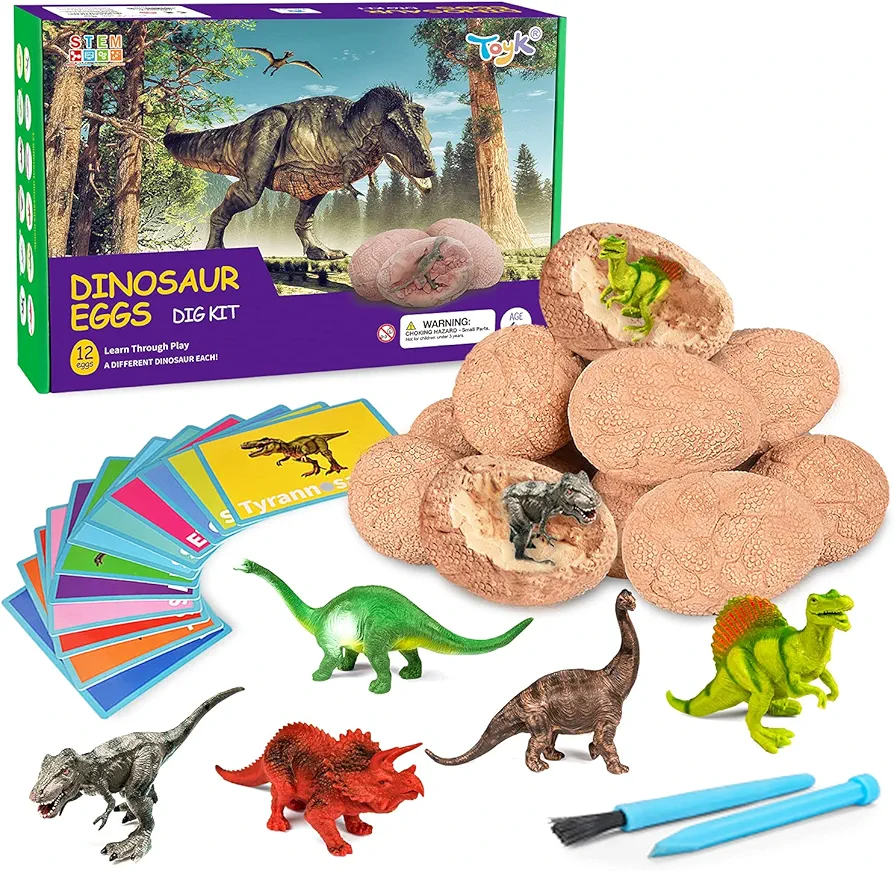 Dig Up Dinosaur Fossil Eggs, Break Open 12 Unique Eggs and Discover 12 Cute Dinosaurs, Easter Digging Toy for 3 4 5 6 7 8 9-12 Year Old Boys Archaeology Science STEM Gift