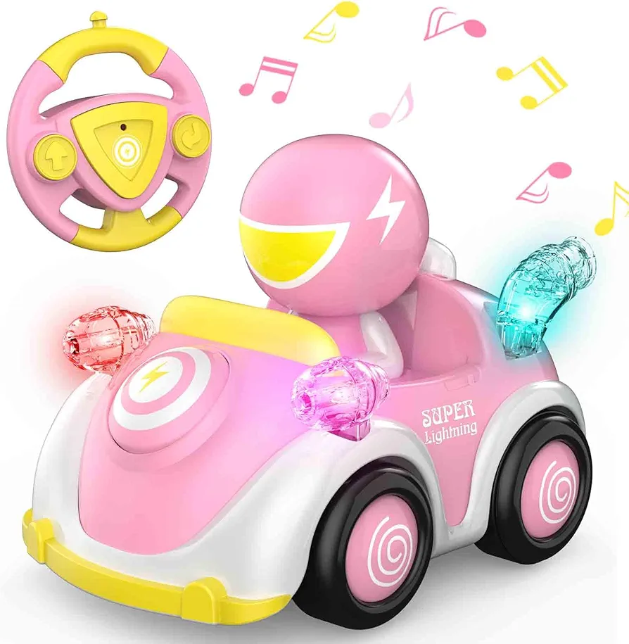 NQD RC Cars Remote Control Car for Toddlers 1 2 3 4 5 6 Year Old Baby Toddlers Children STEM RC Cartoon Race Car Toys for Kids with Music and Lights Christmas Birthday Gifts Boys Girls