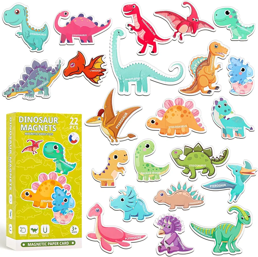 Fridge Magnetic Dinosaurs for Toddlers, 22PCS Magnets Dinosaur Toys for Kids 3-5, Cute Dinosaurs Magnets for Fridge Flash Cards Educational Learning Toys for Kids Ages 3+