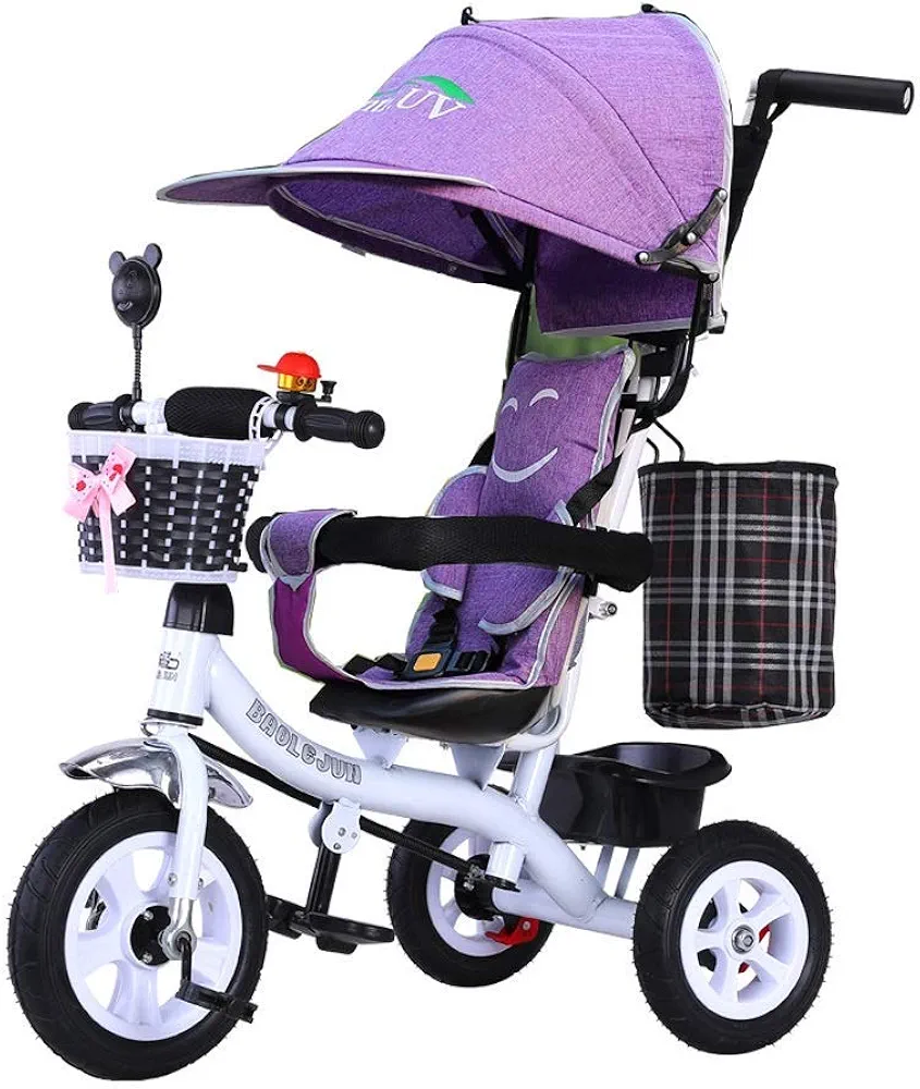 Children's Tricycle Baby Stroller Toddler Toy Car Multifunctional Bicycle Safety Belt Fence Riding Toys Baby Birthday Present (Color : Gray) (Color : Purple)