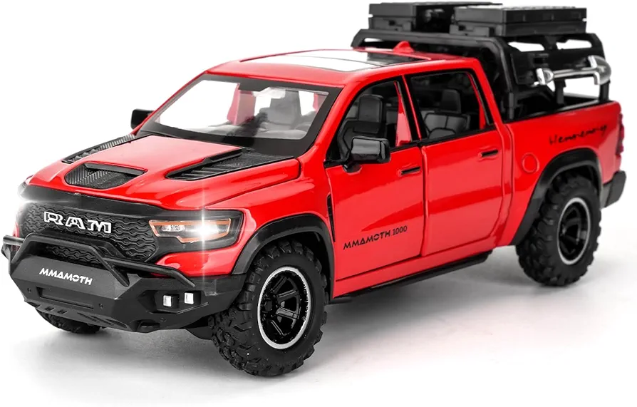 BDTCTK Dodge Ram Mammoth Pick-Up Truck Model Car, Zinc Alloy Pull Back Toy car with Sound and Light for Kids Boy Girl Gift(Red)