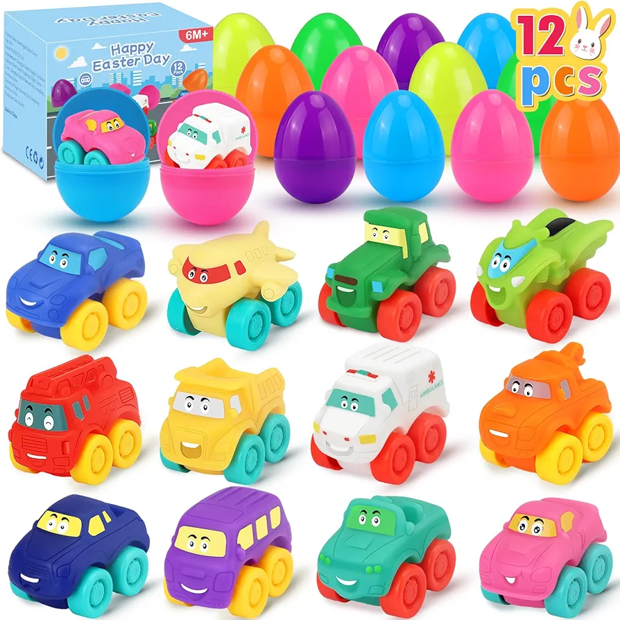 Prefilled Easter Eggs with Toy Cars: 12Pcs Filled Easter Eggs with Soft Rubber Car Toys, Easter Basket Stuffers for Baby Toddlers Kids Bath Toys Vehicles, Easter Eggs Fillers Hunts Party Favors Gifts