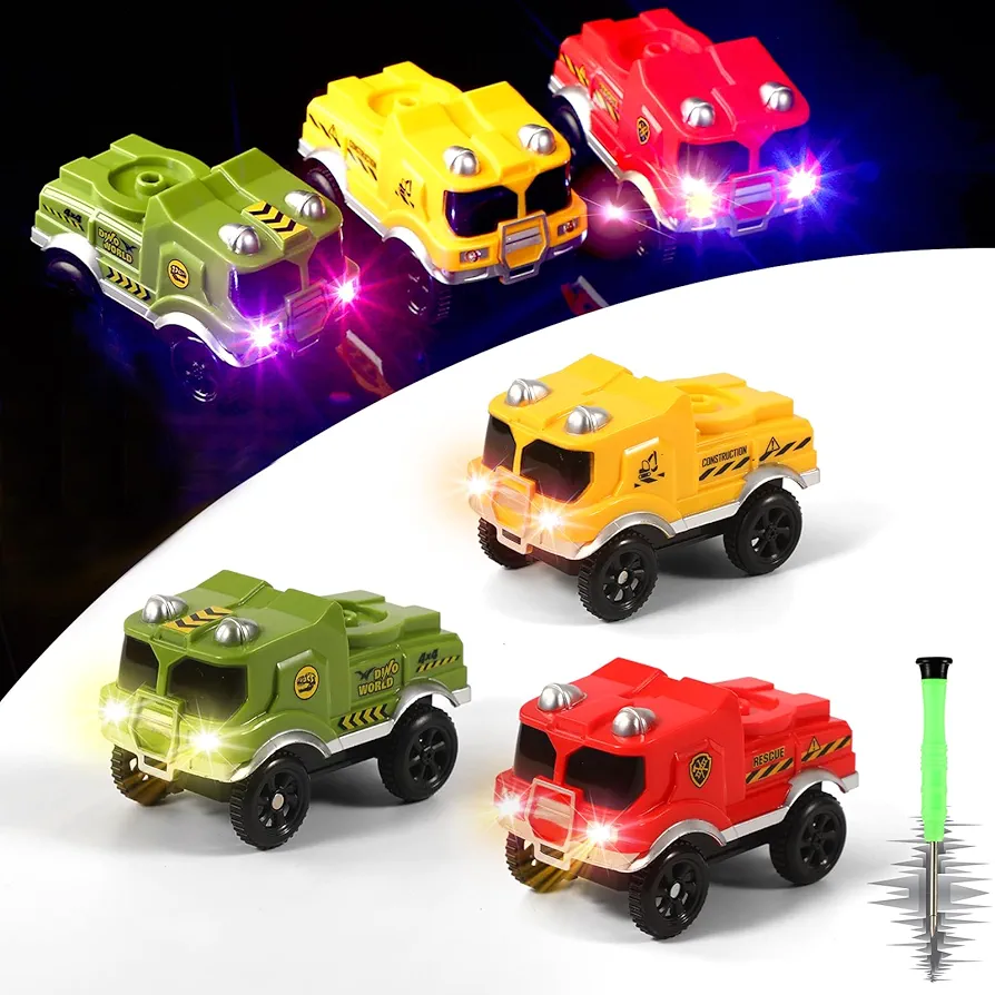 Tracks Cars Replacement only,Track Cars for Tracks Glow in The Dark, Car Tracks Accessories with 3 Flashing LED Lights, Compatible with Most Car Tracks for Kids Boys and Girl(3pack)