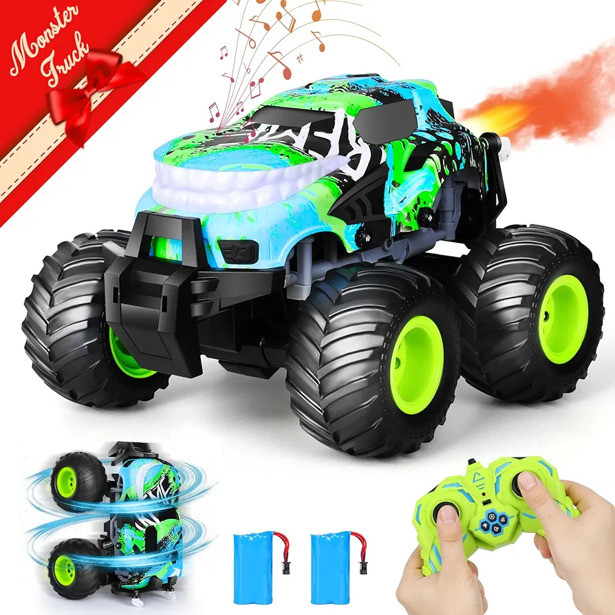 Tobeape Remote Control Monster Truck, 1:16 2.4 GHz All Terrain Off-Road RC Toy Car Stunt Car with LED Light, Spray Effect, Music& 2 Batteries, Christmas Birthday Gift for Boys and Girls