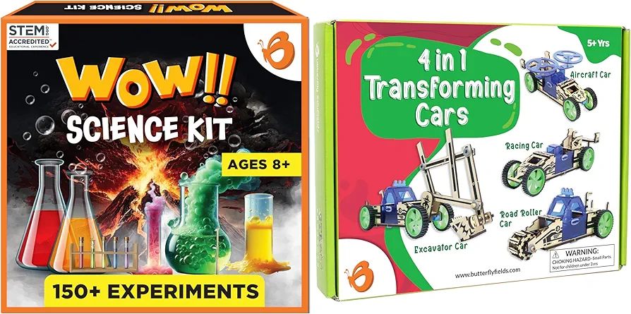 ButterflyEdufields 150+ Experiments Wow Science Kit for Boys and Girls Ages 4 6 8 10 & 4in1 STEM Building Car Kits for Kids