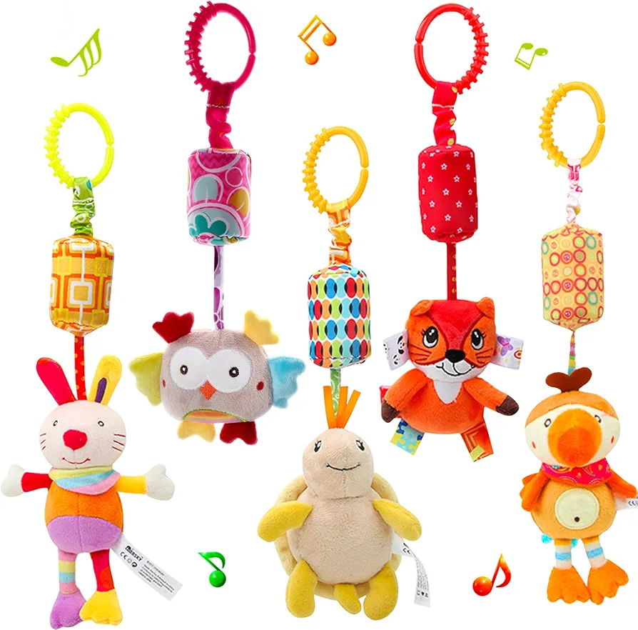 Baby Hanging Toy Cartoon Animal Stuffed Rattle Bell Carseat Toys for 1-12 Months Baby Crib Stroller Pushchair （5 Pack）