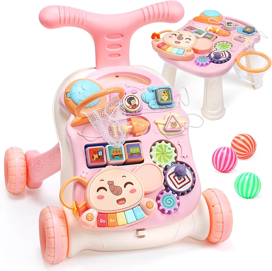 CUTE STONE Baby Walker for Girls, 2 in 1 Sit to Stand Learning Walker and Activity Center, Learning to Walk, Early Push Walking Toys for Toddler Infant