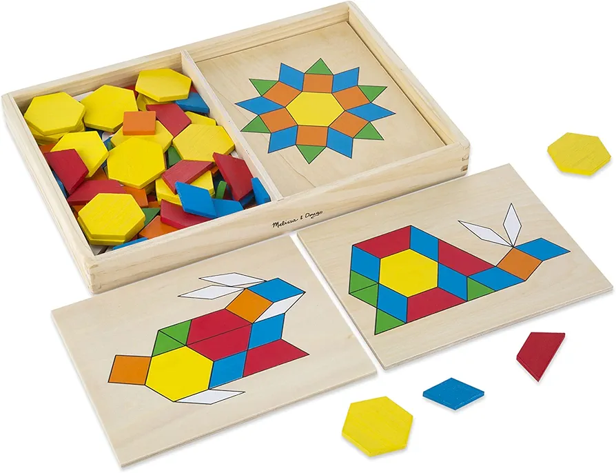 Melissa & Doug Pattern Blocks and Boards - Wooden Classic Toy With 120 Solid Wood Shapes and 5 Double-Sided Panels, Multi-colored - STEAM Animals, Tangrams Puzzle For Kids Ages 3+