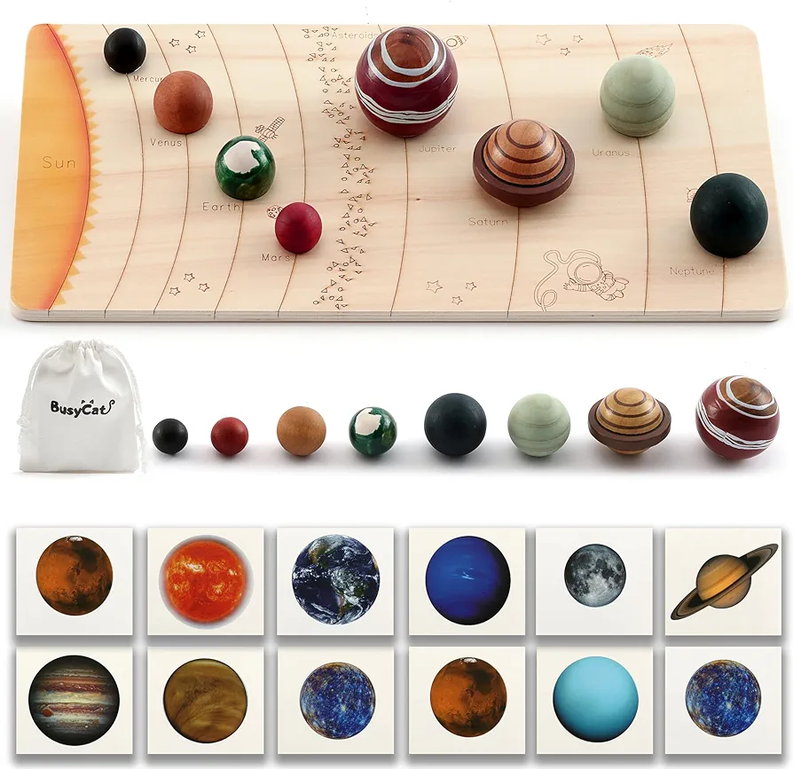 3D Wooden Solar System Model Board，Montessori Planets Balls，Educational Planets Toys，Space Learning Toys，Astronomy for Kids/Adults for Home Office Desk Decorations