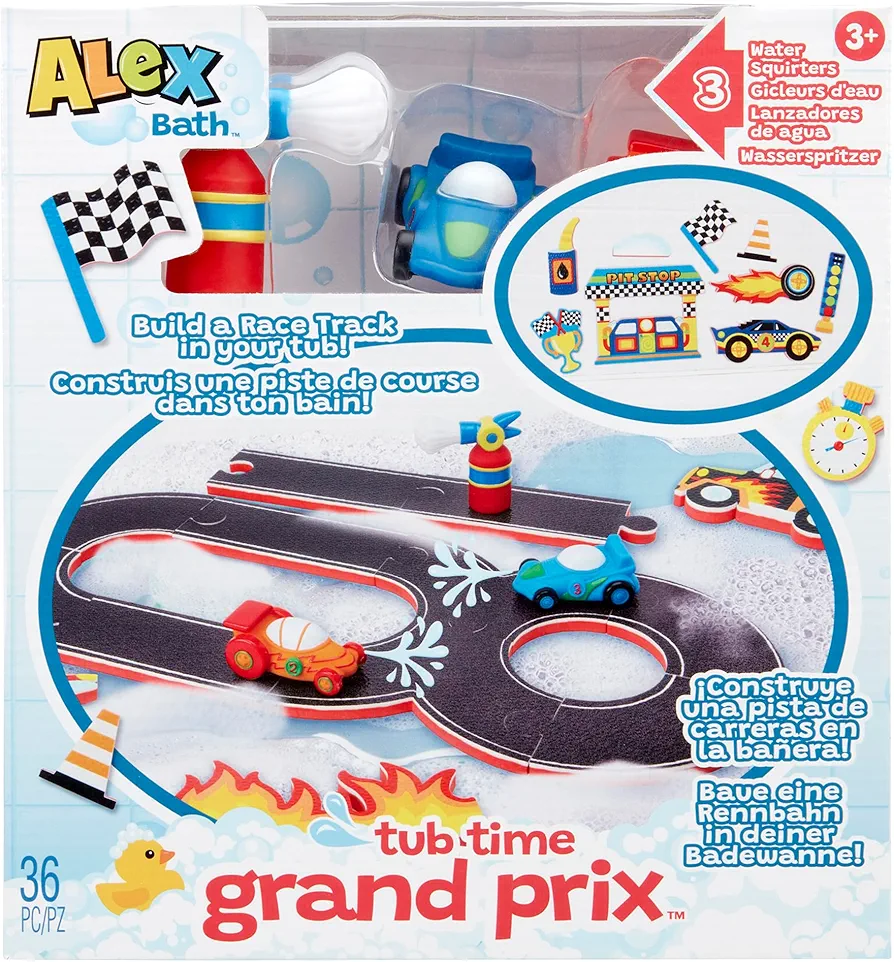 ALEX: Tub Time Grand Prix - 32 Piece Bath Time Toy Set, Car & Racetrack Playset, Foam Pieces, Water Squirting Cars, Water Toy, Kids & Toddlers Ages 3+