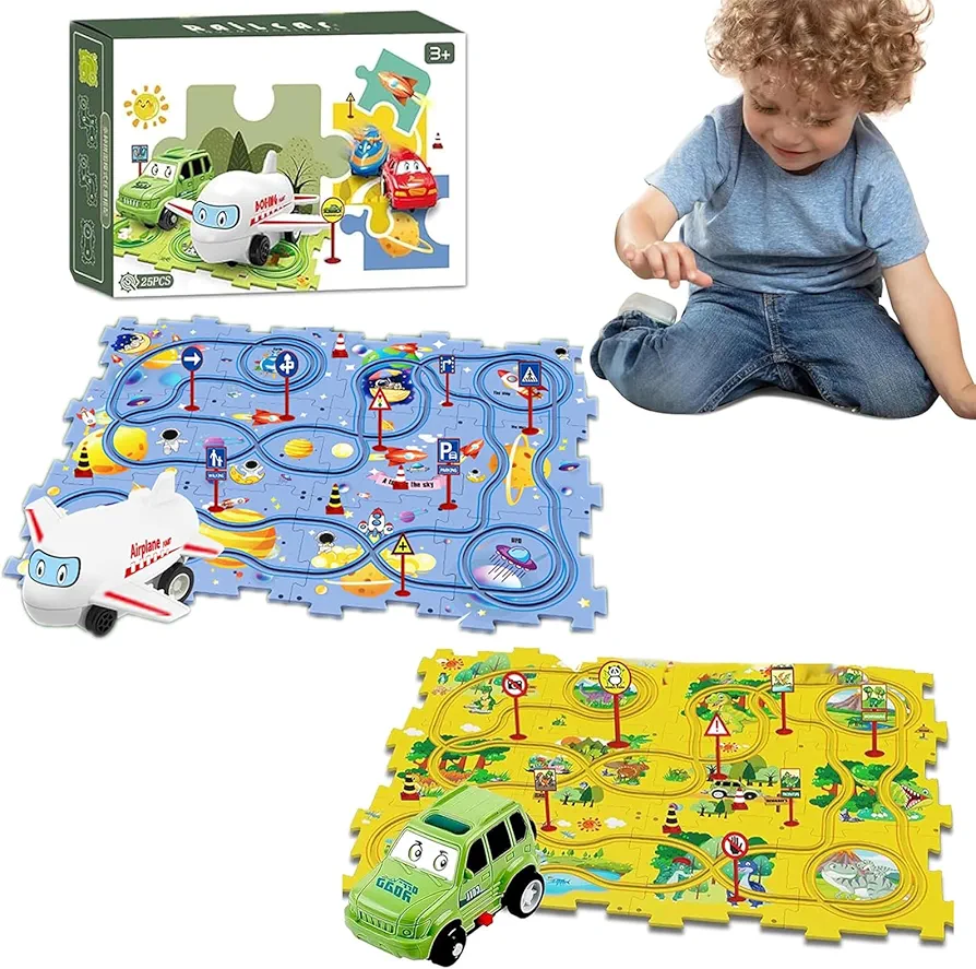 Puzzle Racer Kids Car Track Set, Space Jigsaw Puzzle Racer Car Track Set Puzzle Track Car Play Set Preschool Gifts for Kids Christmas Birthday Gift for Boys Girls