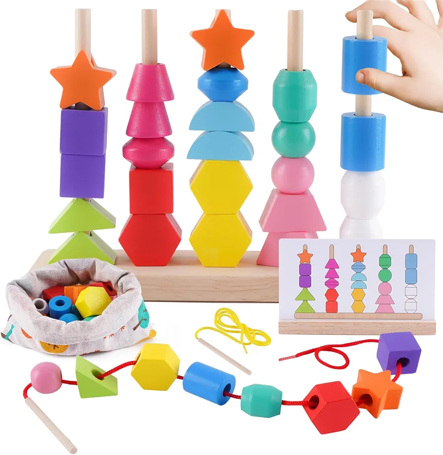 Toddler Montessori Toys Wooden Beads Sequencing Toy Set, Stacking Blocks, Matching Shapes, Lacing Beads, Shape Sorter Toys for 2 3 4 5 Year Old Boys Girls, STEM Preschool Learning Toys Gifts for Kids